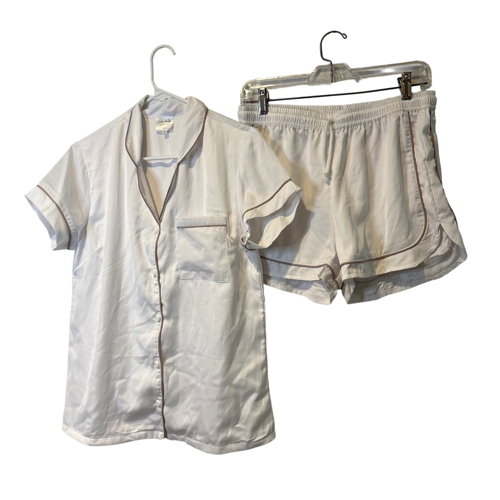 Seline Lounge Pajama Set Women Small White Satin Short Sleeve Button Down Shorts